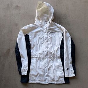 Columbia Rain Jacket Womens Large White Black Omni-Tech Waterproof Hooded